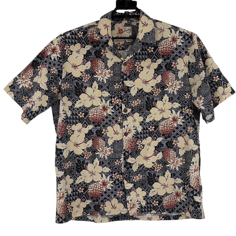 Hilo Hattie Hawaiian Button Camp Mens Shirt Sz L PIneapple Hibiscus Cruise Aloha